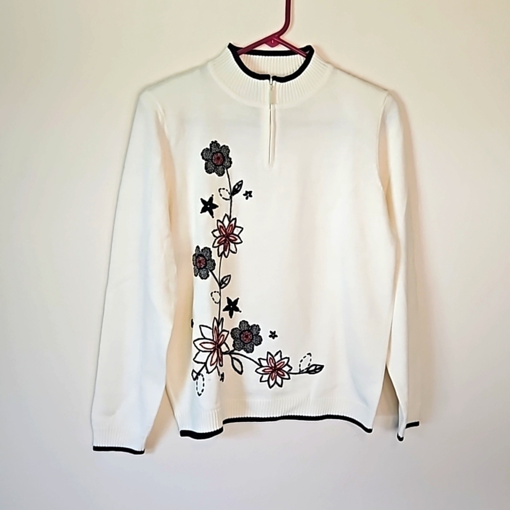Alfred Dunner Petite Medium Wool Half Zip Embroidered Floral